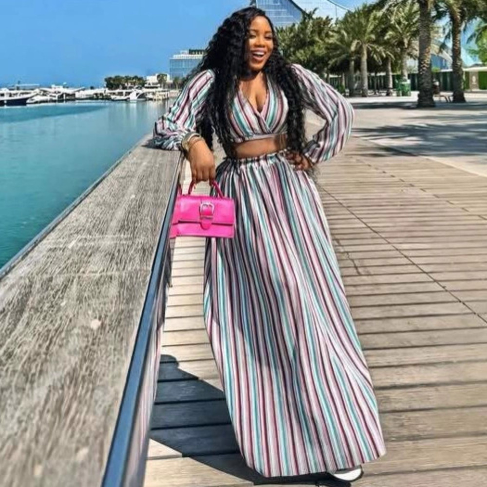 ZARA Striped Print Deep V Neck Crop Top High Waist Skirt African Set